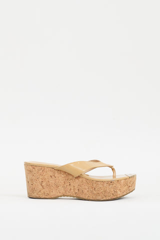 Jimmy Choo Beige Patent 
Cork Pathos Wedge Sandal