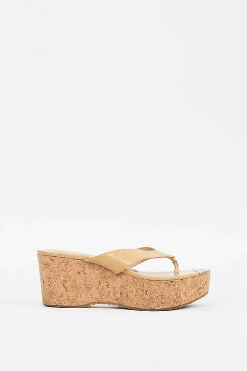 Jimmy Choo Beige Patent 
Cork Pathos Wedge Sandal