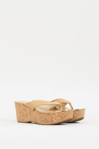 Jimmy Choo Beige Patent 
Cork Pathos Wedge Sandal