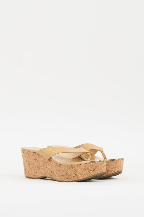 Jimmy Choo Beige Patent 
Cork Pathos Wedge Sandal