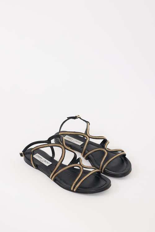 Jimmy Choo Black 
Gold Leather Chain Nickel Sandal