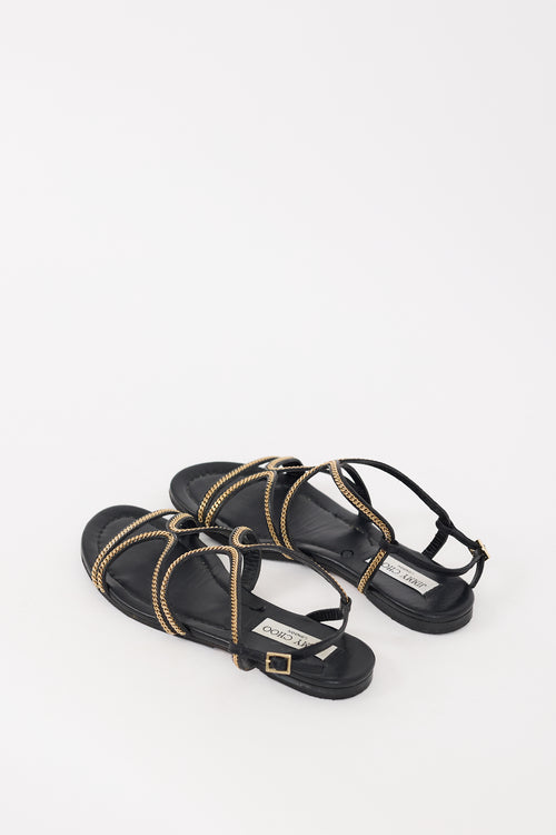 Jimmy Choo Black 
Gold Leather Chain Nickel Sandal