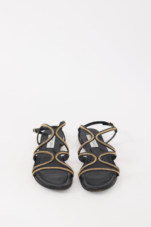 Jimmy Choo Black 
Gold Leather Chain Nickel Sandal