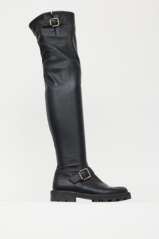 Jimmy Choo Black Leather Gold Buckle Knee High Boot