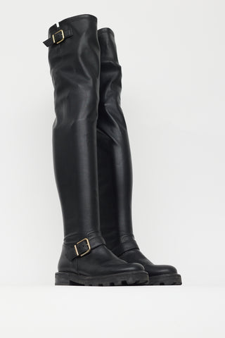 Jimmy Choo Black Leather Gold Buckle Knee High Boot