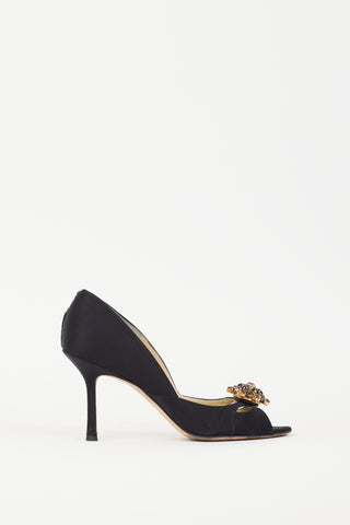 Jimmy Choo Black Satin 
Gold Brooch Piazza Pump