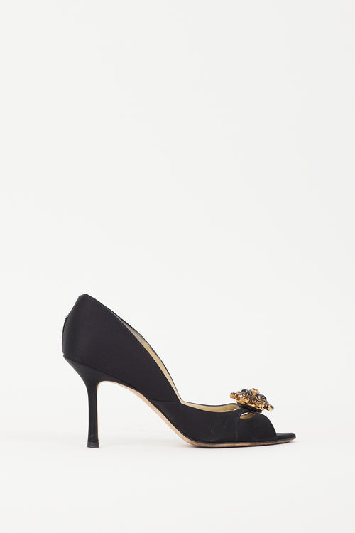 Jimmy Choo Black Satin 
Gold Brooch Piazza Pump