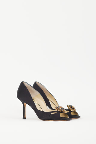 Jimmy Choo Black Satin 
Gold Brooch Piazza Pump