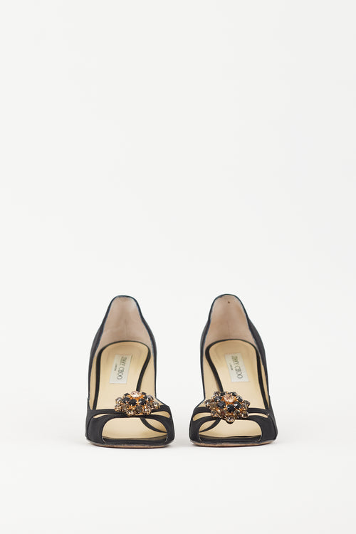 Jimmy Choo Black Satin 
Gold Brooch Piazza Pump