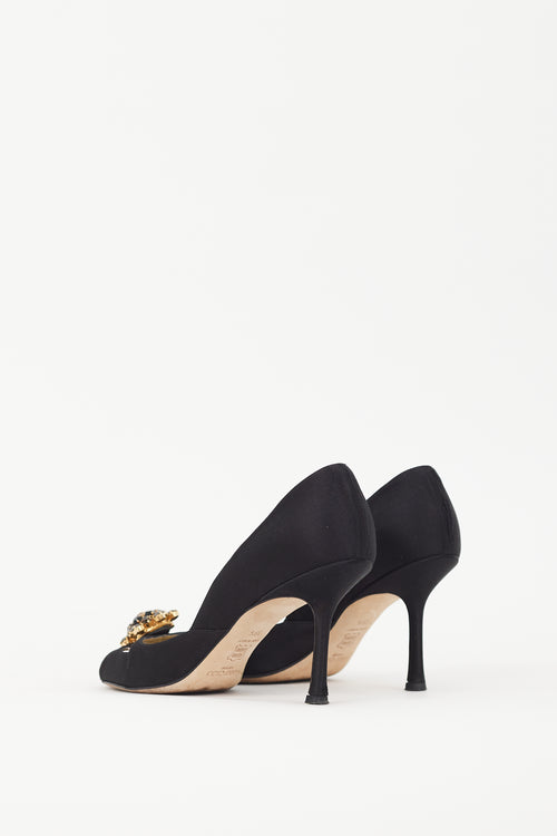 Jimmy Choo Black Satin 
Gold Brooch Piazza Pump