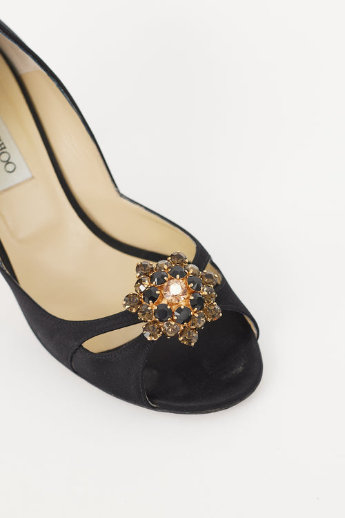 Jimmy Choo Black Satin 
Gold Brooch Piazza Pump