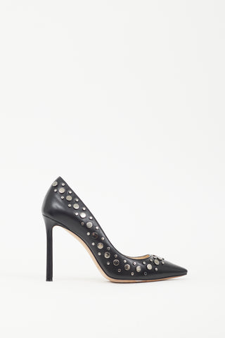 Jimmy Choo Black 
Silver Leather Rommy 100 Studded Heel