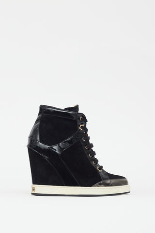 Jimmy Choo Black Suede 
Patent Leather Wedge Sneaker