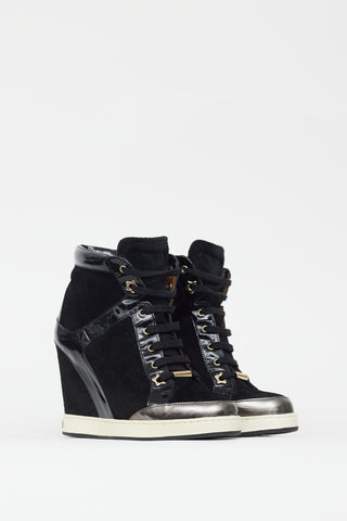 Jimmy Choo Black Suede 
Patent Leather Wedge Sneaker