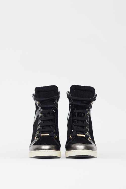 Jimmy Choo Black Suede 
Patent Leather Wedge Sneaker