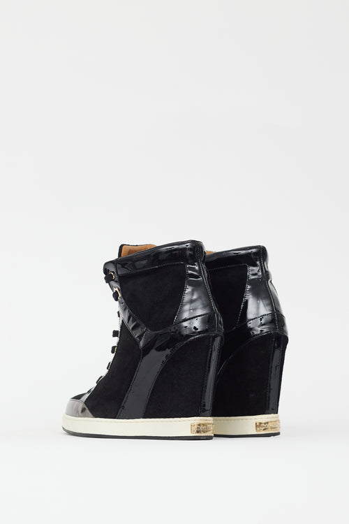 Jimmy Choo Black Suede 
Patent Leather Wedge Sneaker