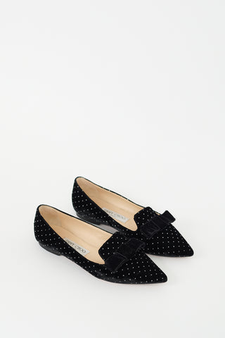 Jimmy Choo Black Velvet Glitter Dot Bow Flat