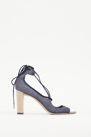 Jimmy Choo Blue 
Beige Denim Lace Up Vernie Heel