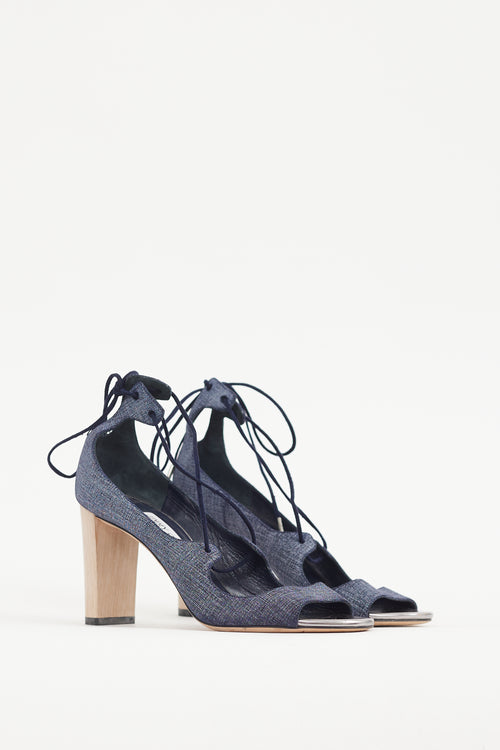 Jimmy Choo Blue 
Beige Denim Lace Up Vernie Heel