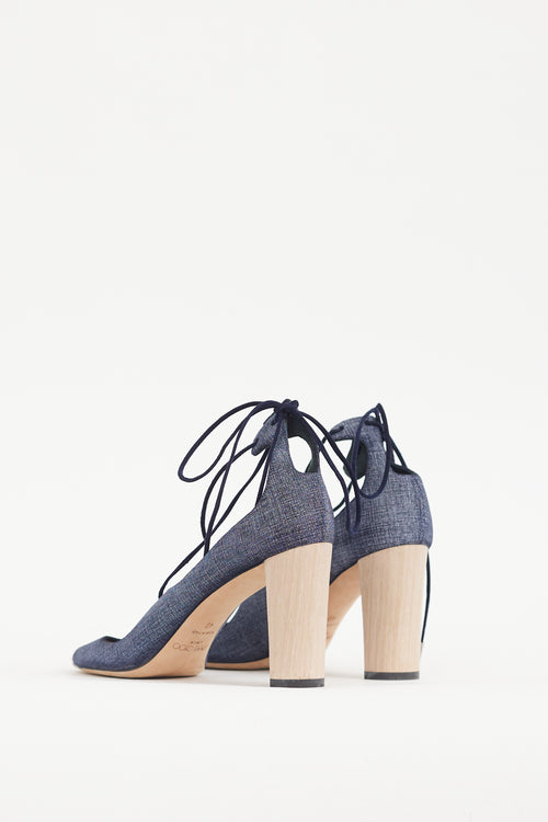 Jimmy Choo Blue 
Beige Denim Lace Up Vernie Heel