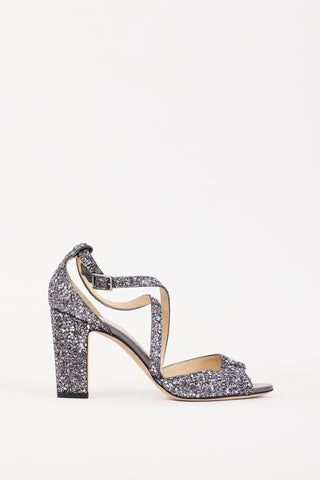 Jimmy Choo Blue 
Silver Glitter Carrie 85 Heel