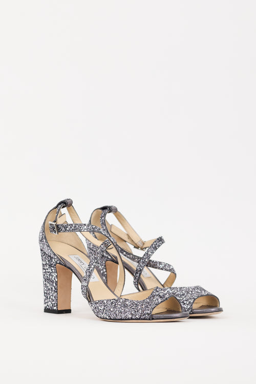 Jimmy Choo Blue 
Silver Glitter Carrie 85 Heel