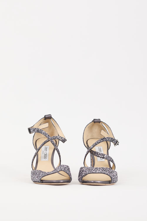 Jimmy Choo Blue 
Silver Glitter Carrie 85 Heel