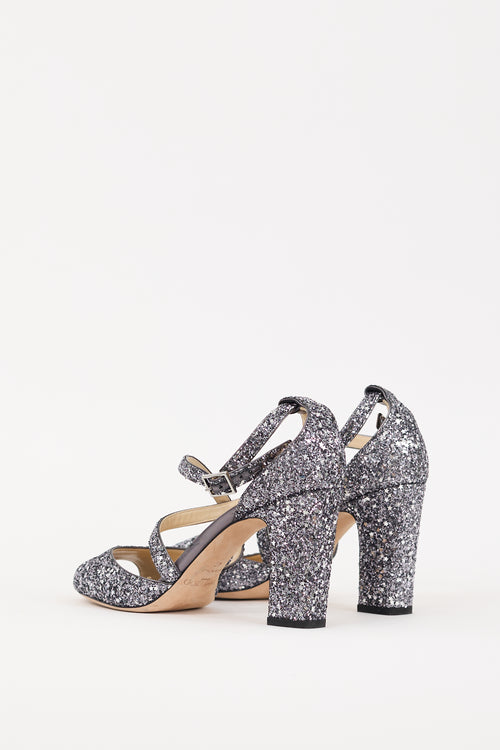 Jimmy Choo Blue 
Silver Glitter Carrie 85 Heel