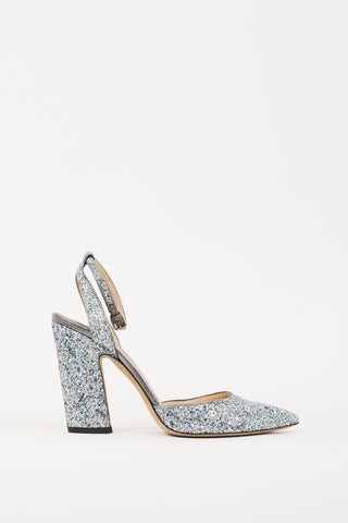 Jimmy Choo Blue 
Silver Glitter Micky 100 Heel