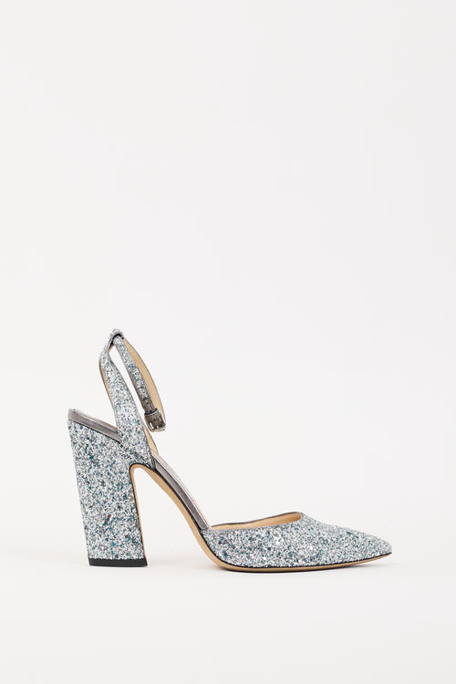 Jimmy Choo Blue 
Silver Glitter Micky 100 Heel