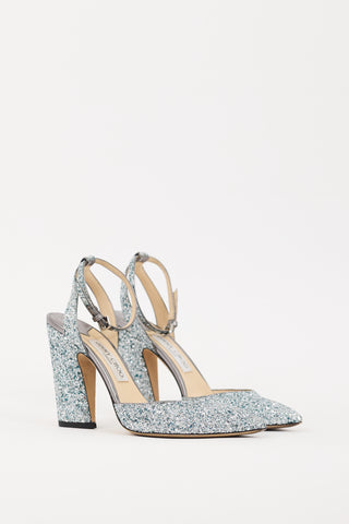 Jimmy Choo Blue 
Silver Glitter Micky 100 Heel