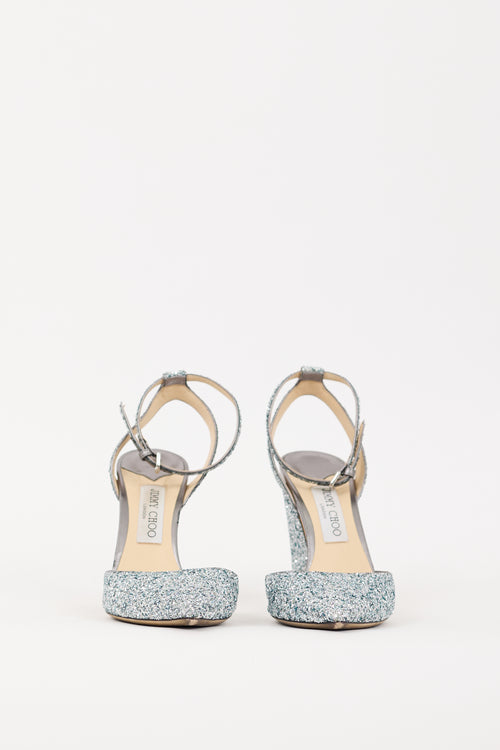 Jimmy Choo Blue 
Silver Glitter Micky 100 Heel