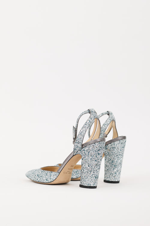 Jimmy Choo Blue 
Silver Glitter Micky 100 Heel