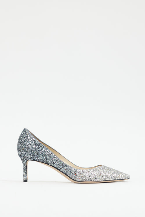 Jimmy Choo Silver 
Blue Glitter Gradient Love 65 Pump