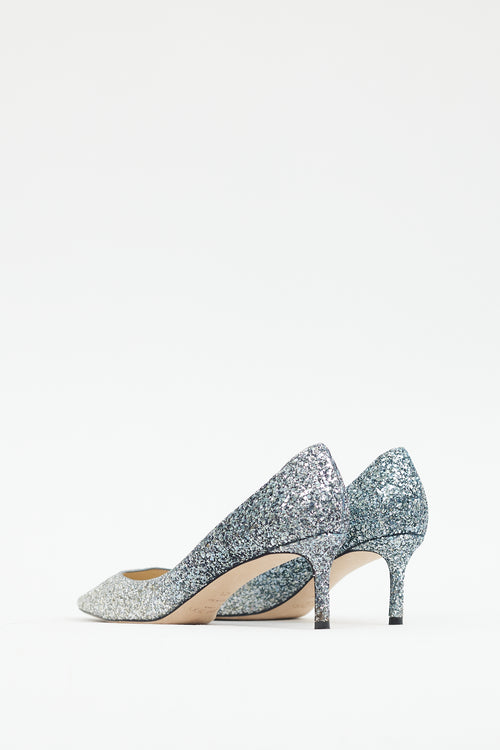 Jimmy Choo Silver 
Blue Glitter Gradient Love 65 Pump