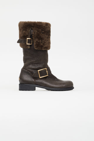 Jimmy Choo Brown Leather Shearling Biker Boot