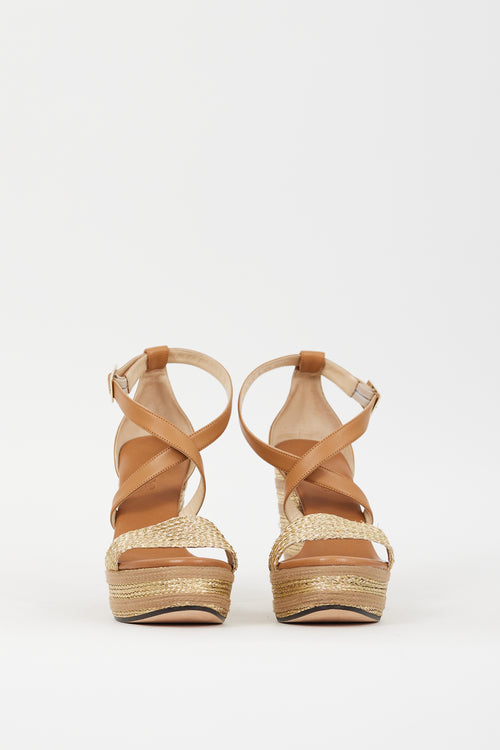 Jimmy Choo Brown 
Gold Leather Braided Portia 120 Wedge