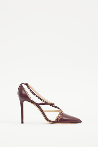 Jimmy Choo Burgundy 
Gold Leather Studded Tiff Heel