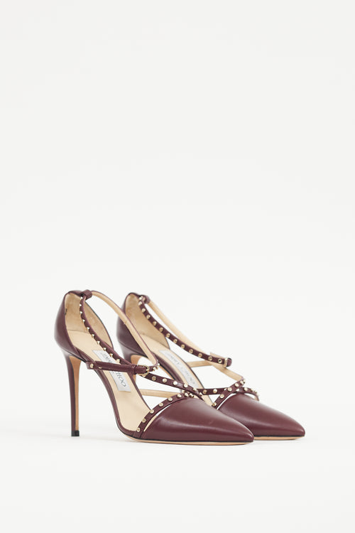 Jimmy Choo Burgundy 
Gold Leather Studded Tiff Heel