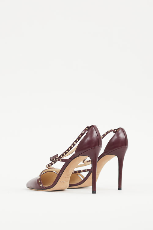 Jimmy Choo Burgundy 
Gold Leather Studded Tiff Heel