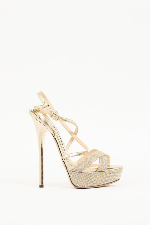 Jimmy Choo Gold Liddie 145 Sparkly Platform Heel