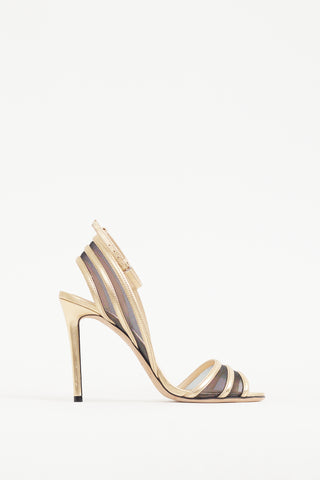 Jimmy Choo Gold 
Black Leather 
Mesh Betty Illusion Heel