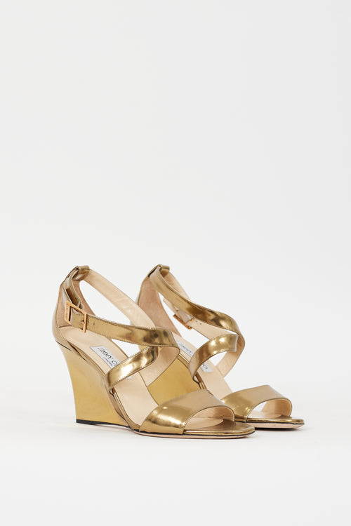 Jimmy Choo Gold Metallic Leather Fearne Wedge