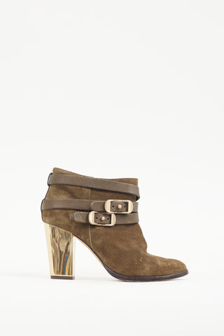 Jimmy Choo Khaki Brown 
Gold Suede Wrapped Strap Bootie