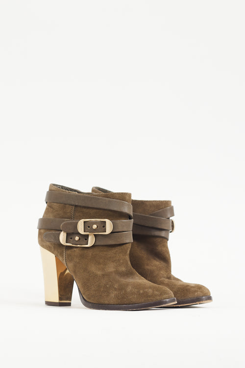 Jimmy Choo Khaki Brown 
Gold Suede Wrapped Strap Bootie