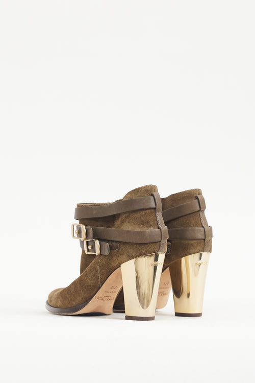 Jimmy Choo Khaki Brown 
Gold Suede Wrapped Strap Bootie