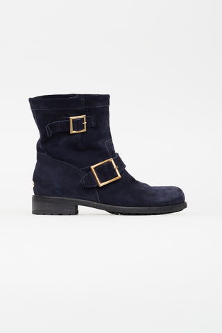 Jimmy Choo Navy Suede Youth II Biker Ankle Boot