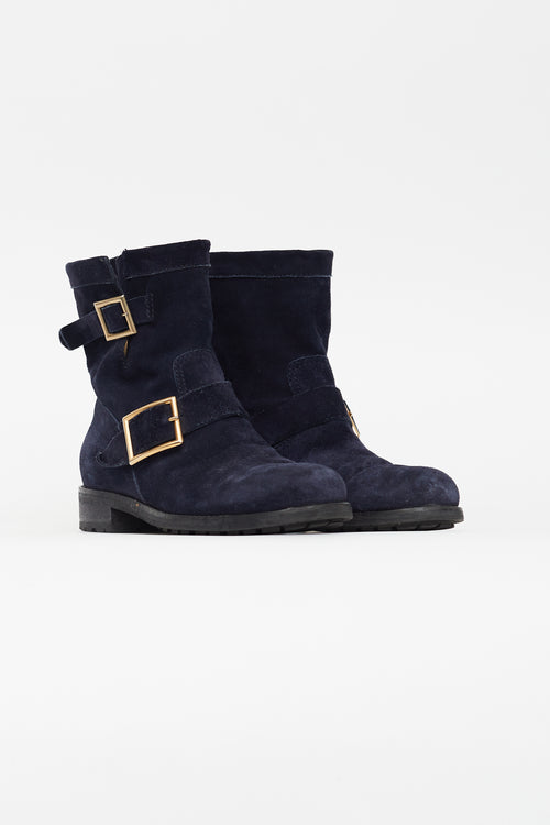 Jimmy Choo Navy Suede Youth II Biker Ankle Boot