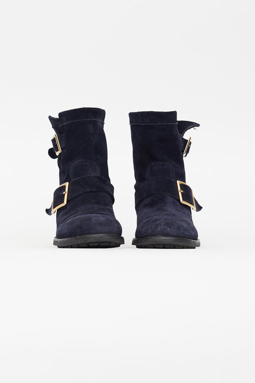 Jimmy Choo Navy Suede Youth II Biker Ankle Boot