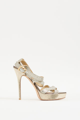 Jimmy Choo Silver 
Gold Glitter Vamp Strappy Platform Heel